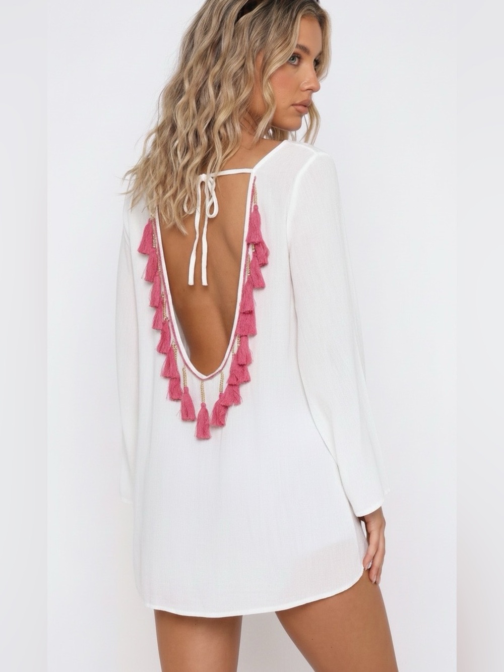 NWT, White Open-Back Boho-Style Tunic Top/Dress w/Pink & Gold Tassels - Size M - Picture 2 of 3